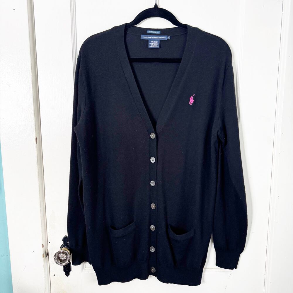 Ralph Lauren Sport Boyfriend Cardigan 100% Merino Wool FLAW Black Classic Size L